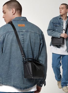 小众高级感男包新款荔枝纹皮质斜挎包菱形几何拼接包轻奢单肩包男