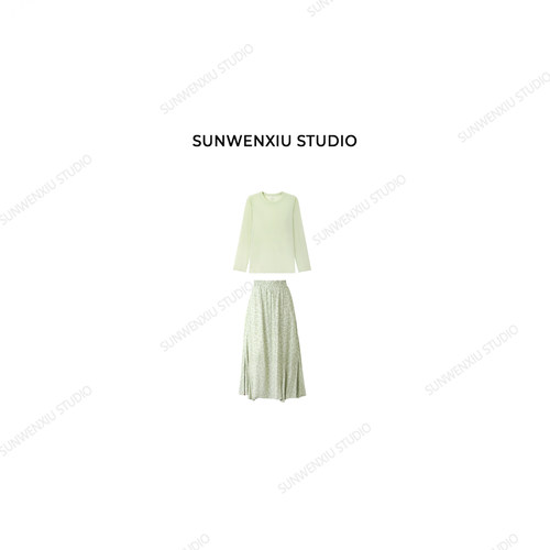 swx studio 薄荷奶绿 莱赛尔天丝清新绿色系松紧腰碎花裙套装324A