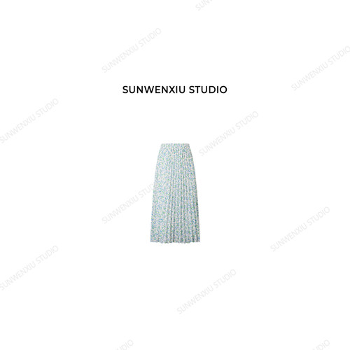 swx studio 海盐碎花 夏日小清新绿色碎花压褶松紧腰半身裙284A
