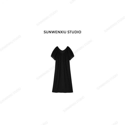 swx studio 茧型美学 极简立裁花鼓袖设计感棉麻黑色连衣裙555C