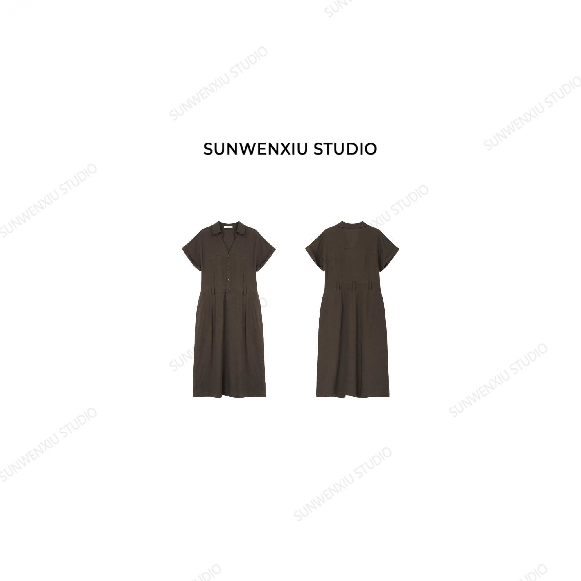 swx studio 文艺女青年 天丝亚麻翻领收腰极简夏季长款连衣裙504A