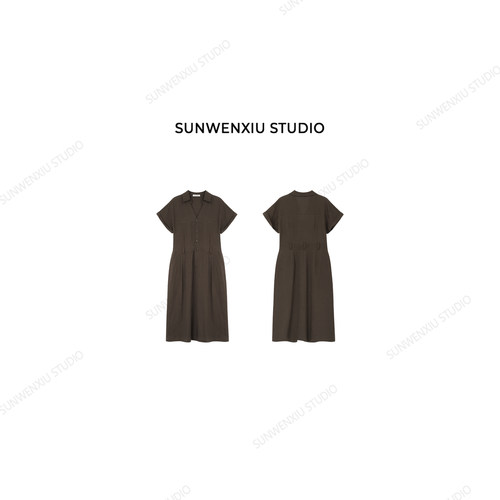 swx studio 文艺女青年 天丝亚麻翻领收腰极简夏季长款连衣裙504A