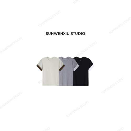 swx studio 层次感 撞色翻边袖口夏季设计感圆领T恤344A