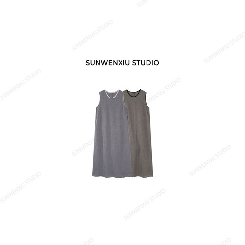 swx studio 海盐亚麻裙 色织天丝亚麻正反两穿无袖格纹长裙303A