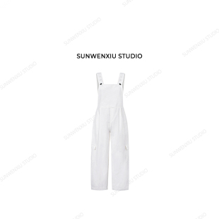 4271 趣味减龄白色亚麻棉重工宽松阔腿背带裤 swx studio