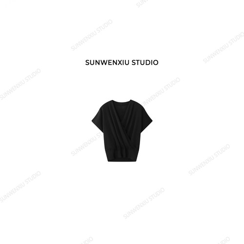 swx studio 韵味 100%莱赛尔黑色气质交叉领收腰显身材针织衫5182
