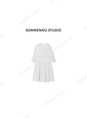 swx studio 100%棉酵洗重工捏褶法式假日风白色连衣裙305A