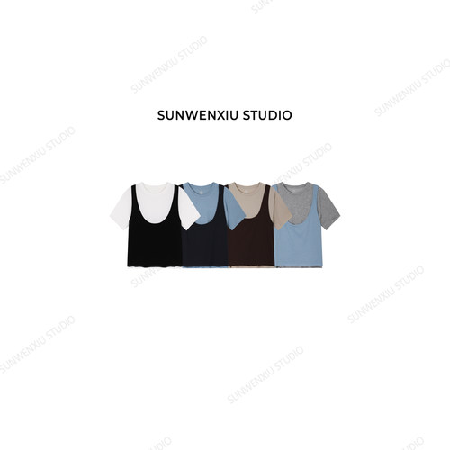 swx studio 真两件 夏日清凉撞色设计感背心吊带两件套T恤345A