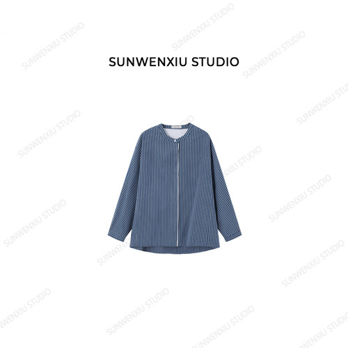 swx studio 条纹衬衣 100%棉酵洗拼接撞色靛蓝条纹衬衫1285B