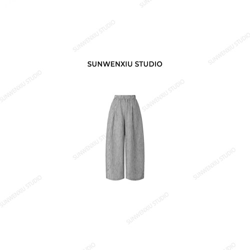 swx studio 松弛秘籍 色织酵洗天丝亚麻条纹松紧腰休闲裤385A