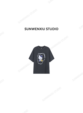 swx studio KT迷妹 100%全棉炭灰色宽松圆领卡通印花夏款T恤467B