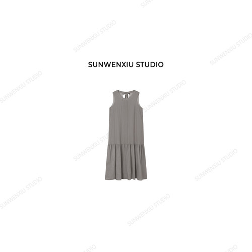 swx studio 烟雨灰 天丝亚麻清冷姹寂风大骨架无袖大摆连衣裙370A