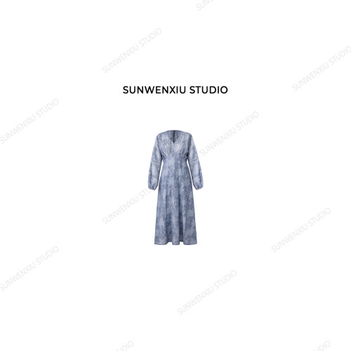swx studio 新雨后 气质高级感蓝紫天丝提花收腰碎花连衣裙493B