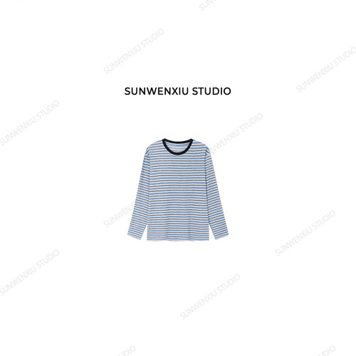 swx studio 海盐条纹 简约清新韩系休闲条纹长袖打底T恤348A