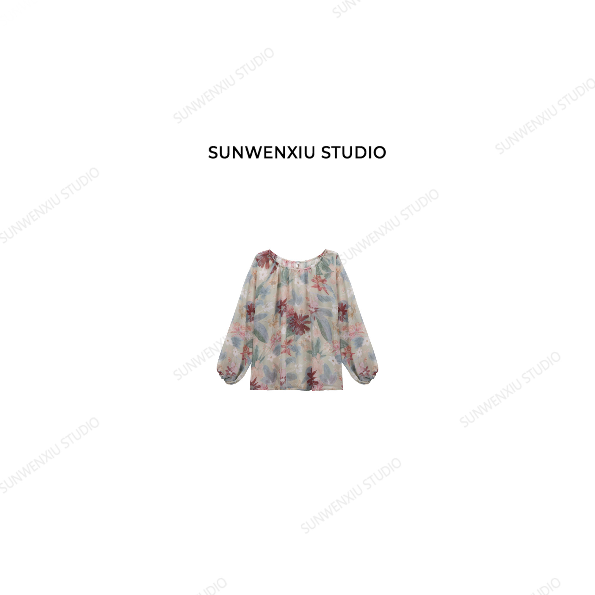swx studio 莫奈花园 复古油画感微透印花一字肩两穿上衣1015A