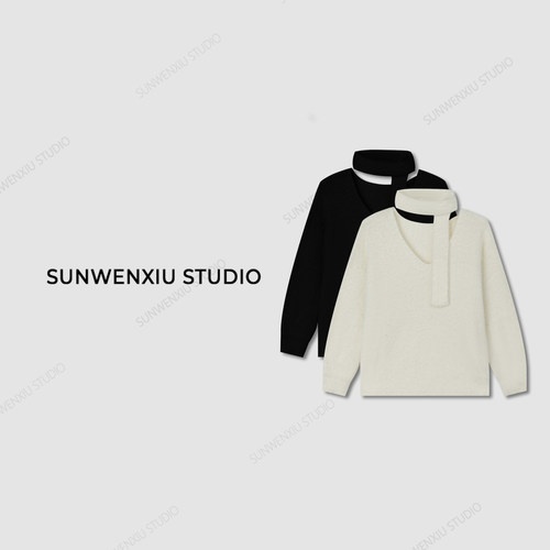 孙文秀studio “飘带毛衣”纯欲小性感柔软不扎肉v领套头毛衣