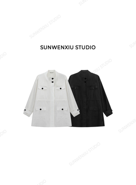 swx studio 极简松弛苎麻黑白薄款防晒立领风衣外套1116A