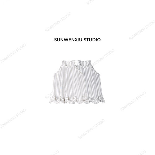 swx studio 南法风情 法式棉麻挂脖领花边裙摆无袖挖肩小衫351B