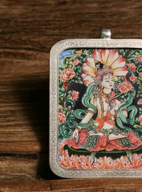 手绘随身纯银白度母佛牌小唐卡