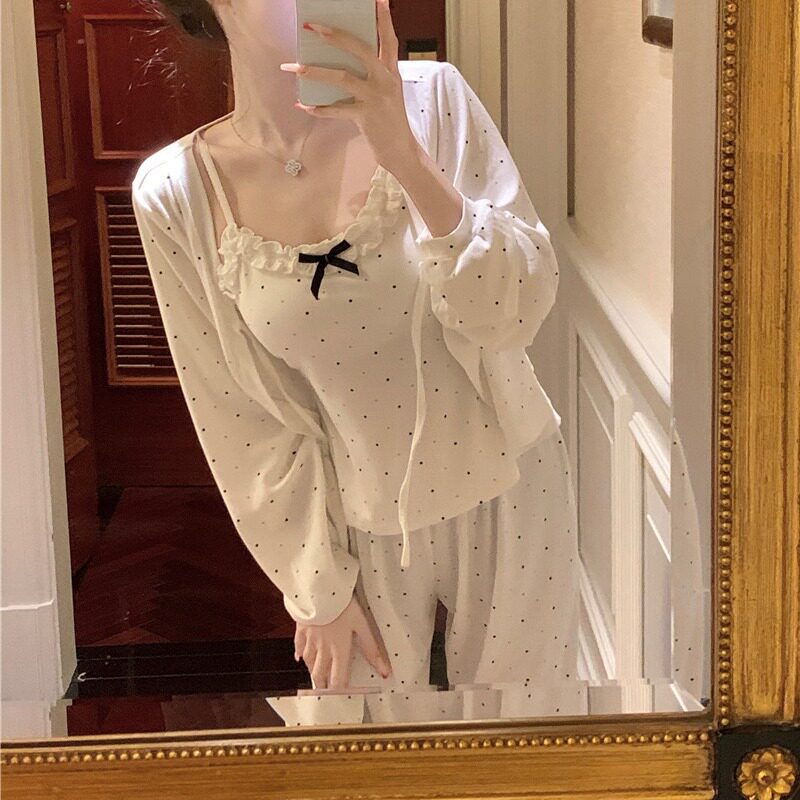 纯欲风睡衣女春秋吊带长裤外套白色波点ins风可外出带胸垫家居服