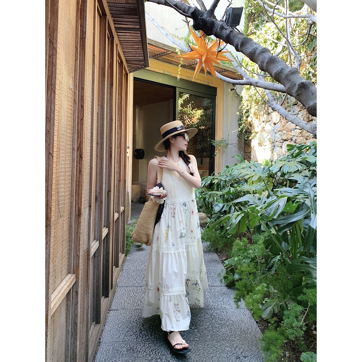 EVNSTYLE “椰林挽风”春夏新款中长款宽松蕾丝碎花背心连衣裙女