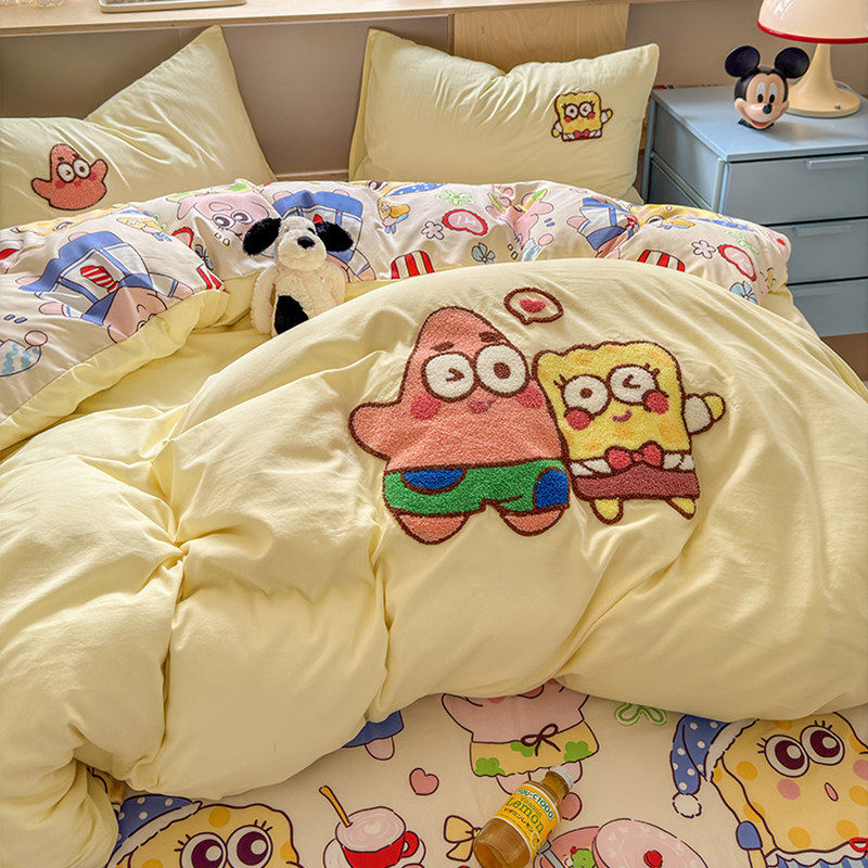 全棉纯棉A类卡通毛巾绣床上四件套全棉床单被罩宿舍被套三件套床