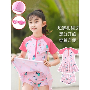 日本进口女童连体泳衣分体游泳衣小童中大童中小学生初中生女孩子