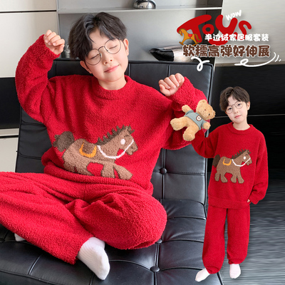 男童睡衣2025新款冬珊瑚绒男款加厚儿童今年流行爆款半边绒家居服