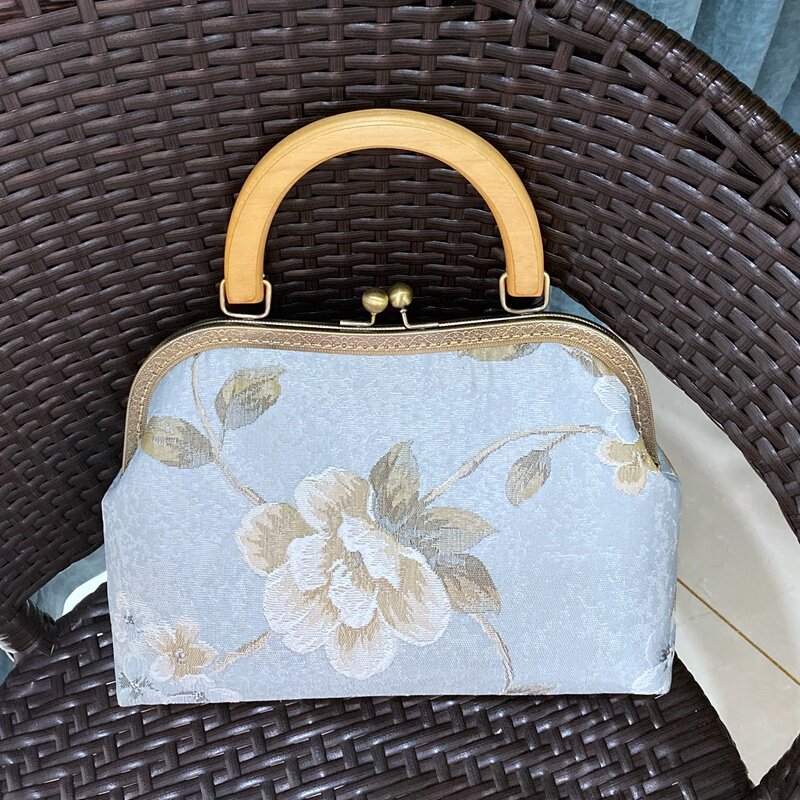 【半成品 自己做】DIY手工26cm原木提手绣花牡丹口金材料包