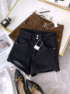 百搭a字裤 两粒扣加绒牛仔短裤 高腰弹力阔腿裤 韩版 女2024秋冬新款