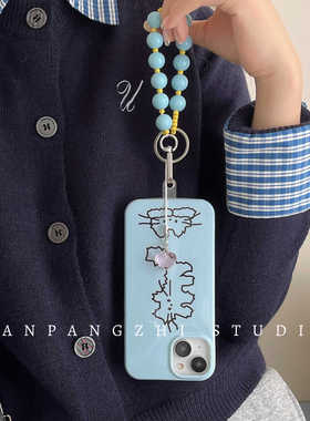 LANPANGZHI STUDIO韩风ins奶蓝色猫咪涂鸦串珠挂链适用苹果16promax手机壳iPhone15软14/13/12/11