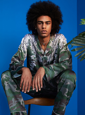 埃森费姆原创仿真丝睡衣男秋冬季迷彩花卉图案长袖家居服两件套装