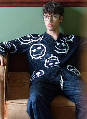 ASFM原创睡衣男秋冬笑脸字母印花国潮长袖针织棉高级家居服套装