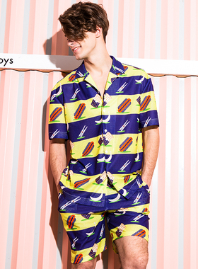 埃森费姆睡衣男夏季薄款冷餐会印花潮牌时尚沙滩可外穿家居服套装