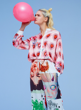 赵小棠同款埃森费姆睡衣女薄款长袖泰特印花立领时尚家居服套装