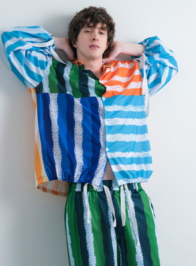 埃森费姆男士睡衣春夏条纹撞色原创宽松款长袖衬衫领可外穿家居服