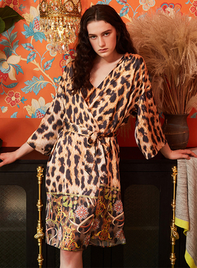 洛可可豹纹睡衣女春秋2020新款流行丝绸公主风长袖睡袍洋气吊带裙