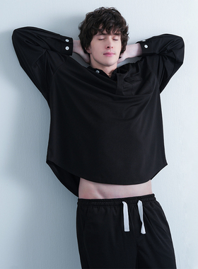 ACCESSEDFROM男士睡衣夏季款丝光珠地纯色针织衬衫领长袖家居服套