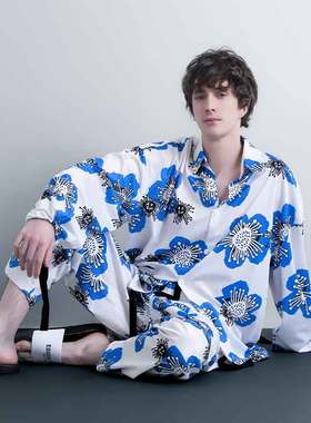 埃森费姆男士睡衣花枝山樱印花宽松长袖休闲薄款可外穿家居服套装