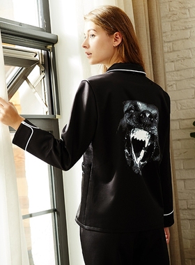 埃森费姆睡衣女秋冬原创恶犬个性印花长袖高级柔软舒适家居服套装