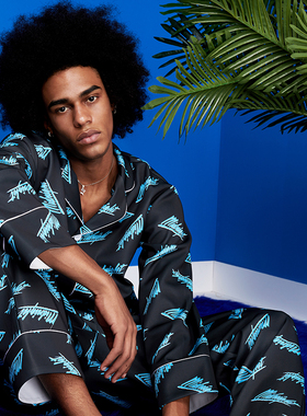 埃森费姆字母印花睡衣男秋冬长袖加绒加厚冬季保暖家居服两件套