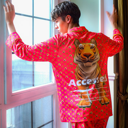 埃森费姆红色睡衣男青年潮长袖针织棉生肖新年印花本命年家居服
