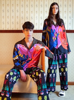 埃森费姆原创情侣睡衣冬卡通印花针织棉春秋款男士高级家居服套装