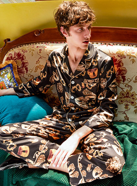 埃森费姆睡衣男春秋长袖翻领薄丝绸宽松黑色印花大牌风家居服套装