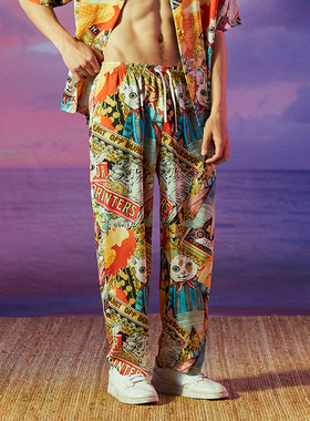 埃森费姆男士睡裤蒸汽波印花松紧腰长裤丝绸长裤休闲裤睡裤男夏季