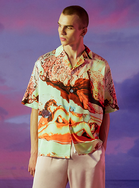 埃森费姆睡衣男夏季沙滩映画印花短袖长裤休闲高级男士家居服薄款