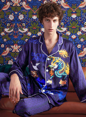 埃森费姆仿真丝睡衣男春夏 新罗漫山海经国风3D印花 家居服潮套装