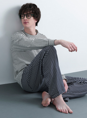 ACCESSEDFROM男士睡衣纯棉薄款圆领长袖条纹撞色套头可外穿家居服
