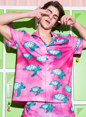 原创设计 粉色海龟印花 睡衣男潮牌薄款网眼沙滩夏短袖家居服套装