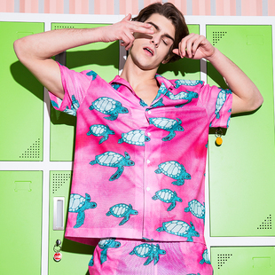 网眼沙滩夏短袖 原创设计 睡衣男潮牌薄款 家居服套装 粉色海龟印花